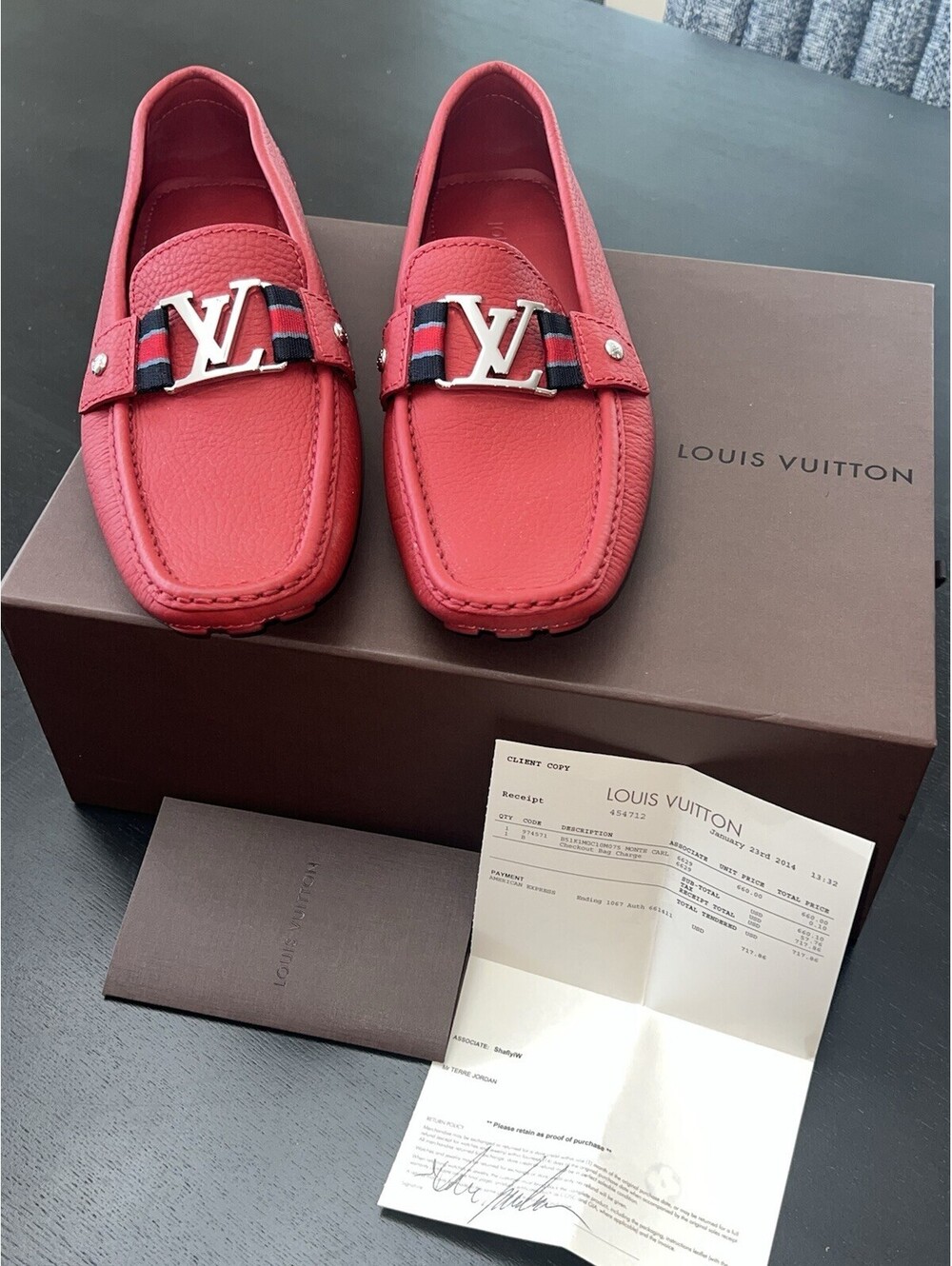 Louis Vuitton Red Leather LV Logo Loafers Size US 7.5 W/Receipt & Box